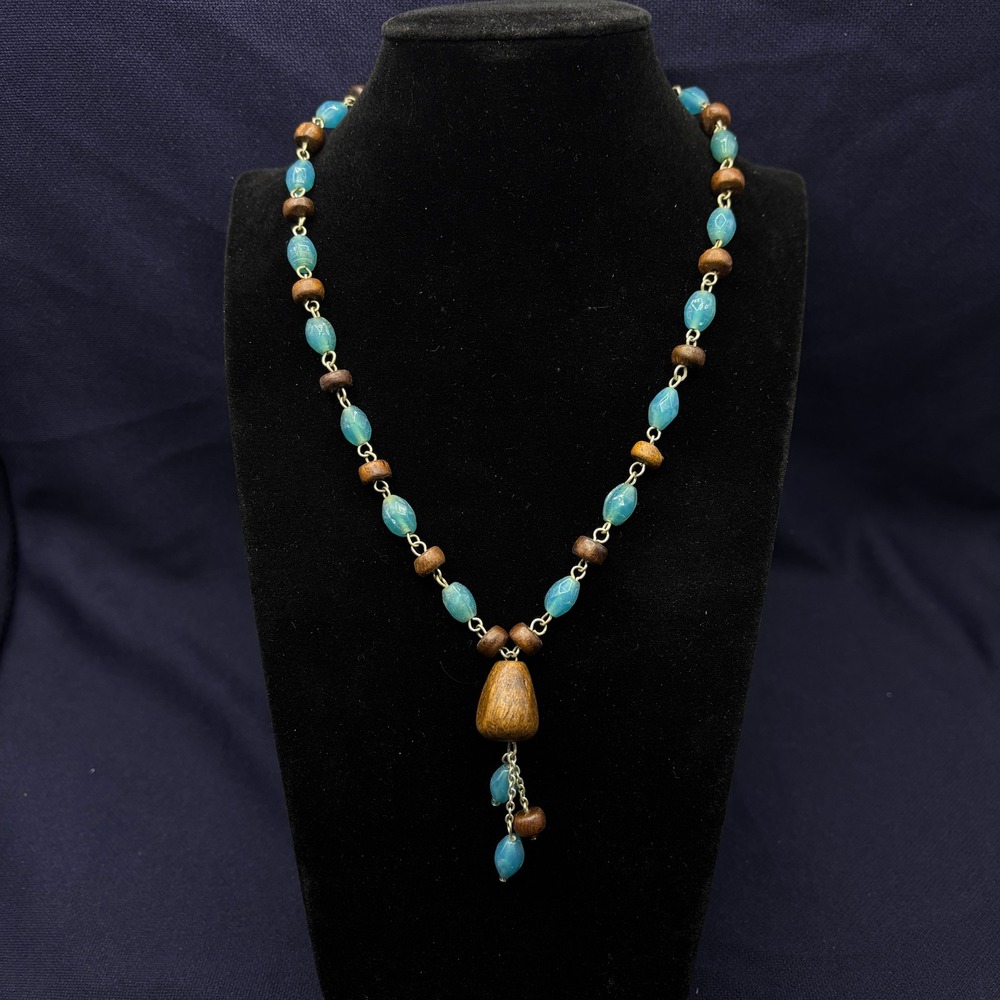 Sonoma Life + Style Blue Beaded Wood Pendant Necklace Boho Silver Tone 15 Inch